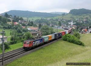 Ae6/6 610.486 rounded the curve at Zeihen with a westbound container train on 15 June 2010.