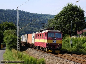 CD's Class 372 electrics are built to the same design as DB's class 180 and are just one variant of a family of Skoda designs in common use on the Czech and Slovak systems. 372.012 approached Kurort Rathen with a westbound container train on 22 July 2010.
