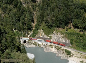 603 eased freight 5244 around a sharp curve deep in the Vorderrhein Gorge between Trin and Reichenau-Tamins on 25 August 2010. This train is booked for a Ge4/4ii but I wasn't complaining.