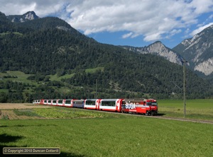 646 worked Glacier Express 908 south towards St. Moritz on 25 August 2010. The train had just climbed out of the Vorderrhein Valley and was approaching Bonaduz.  