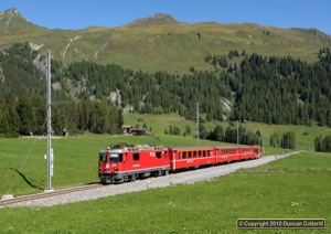 624 approached the summit of the Wolfgang Pass between Klosters and Davos with train RE1029 on 26 August 2010.