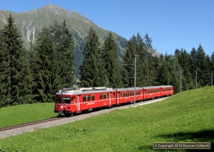 Be4/4 516 enjoyed a moment of glory working RE services to Davos while the line was blocked near Küblis. The unit was photographed descending from Cavadürli to Klosters with RE1048 on 26 August 2010.  