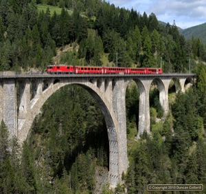 617 crossed the bridge at Wiesen with train 1829 from Davos to Filisur on 29 August 2010.