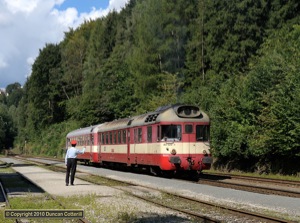 With fewer loco hauled trains on the Jesenik line in 2010, I found myself filling the time photographing the old class 851 railcars. 851 028 left Branna with Os3658, the 14:08 to Sumperk, on 6 September 2010.