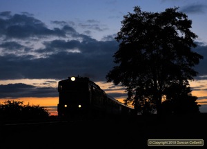 After a disappointingly dull afternoon on the Brno - Veseli line, I tried this post-sunset shot out of desperation but was pleasantly surprised by the result. 754 044 was heading towards Krizanovice with Os4153, the 18:50 from Brno to Nesovice on 9 September 2010.