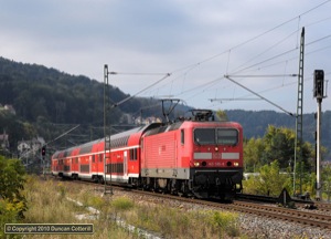 Trains on Dresden's S1 route were invariably worked by class 143 electrics during my two visits in 2010 but class 145s started to take over a few weeks later. 143.585 led S1 train 7031 away from Königstein on 4 October 2010. 