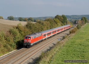 Immaculate 218.468 was the regular power on the line's only loco hauled passenger turn. The loco was photographed working RE3707 west from Herlasgrün on 7 October 2010.