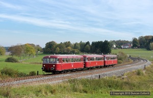 Passauer Eisenbahnfreunde's class 798 Schienebusse worked north past Grobau on a special on 8 October 2010.