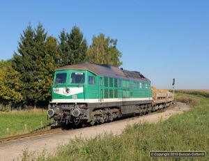 V300.002 approached the junction with DB's Gera - Gößnitz line at Raitzhain with a loaded train on 11 October 2010.