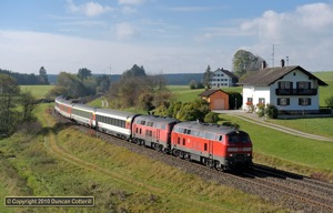 The main reason for visiting the Allgäubahn was to photograph the diverted München - Zürich EuroCity trains. This was the only one that passed in sun. 218.433 and 218.402 passed Görwangs with EC193, the 09:16 from Zürich, on 19 October 2010.