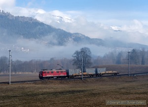 608 worked a very short train 5225 west along the Vorderrhein valley towards Ilanz as the morning mist cleared on 17 February 2011.