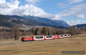 604 approached Ilanz with the westbound Glacier Express on 17 February 2011. A Ge4/4i was booked to work the train from Chur to Disentis and back every day.