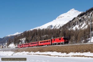 618 was a regular on the Engadin push-pulls during my visit. It was photographed near Bever while working train 1928, the 09:02 Pontresina - Scuol-Tarasp on 19 February 2011.