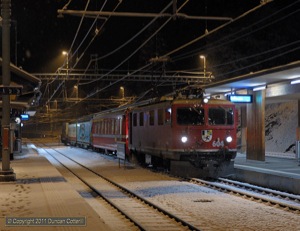 604 waited to leave Filisur with train 4109, the 04:58 mixed from Chur to Filisur, on 21 February 2011.