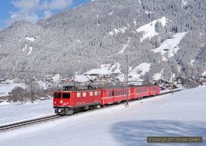 This was another location where I'd been trying to get a Ge4/4i for ages. 609 climbed from Klosters Dorf to Klosters with empty stock working 8027 on 23 February 2011.