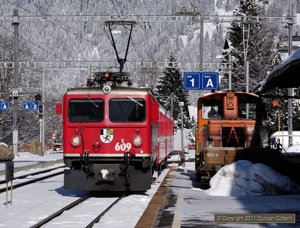 609 arrived at Klosters with train 819 from Klosters Dorf to Davos Platz on 23 February 2011.