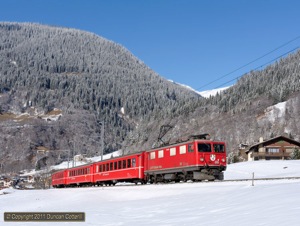 Appropriate that my last shot of a Ge4/4i in normal service should be of the last of the class. 610 climbed from Klosters Dorf to Klosters with empty stock 8047 on 23 February 2011.