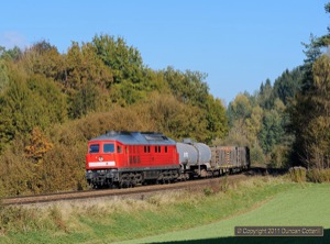 232.252 eased down the bank from Etzelwang towards Hartmannshof with 56908, the afternoon Amberg to Nürnberg freight, on 21 October.