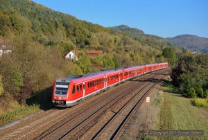 RE3420 from Bayreuth combined with RE3460 from Dresden stretched to eight coaches on Friday 21 October. The train, formed of four class 612 units, was photographed on the eastern outskirts of Hersbruck. 