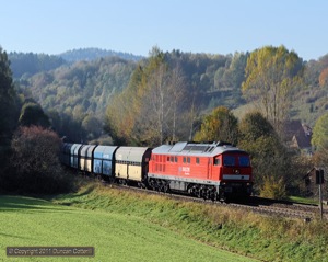 232.654 ground up the hill at Penzenhof, west of Etzelwang, with freight 56901, the 13:42 from Nürnberg Rbf to Schwandorf, on 22 October. This is the only daytime freight booked over the line on Saturdays.