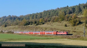 A final shot of Altmühltal before heading to the airport. An unidentified 111 propelled RB59156, the 14:28 München Hbf - Nürnberg Hbf, past Hagenacker, west of Dollnstein, on 23 October.