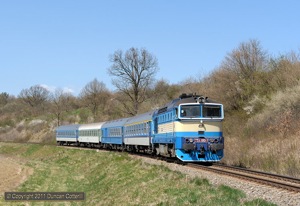 754.013, one of my favourites, led R707, the 11:56 from Olomouc hl.n. to Luhacovice, east from Popovice u Uherskeho Hradiste on 10 April 2011.