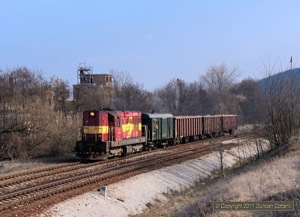 Mn83302, the 16:06 Lucenec -Zvolen pick-up freight is booked for a class 746 but was worked by 742.286 on 29 March 2011. The train is seen leaving Lovinobana.