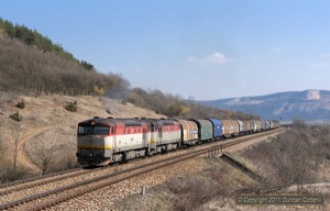 What an introduction to the east end of the Zvolen - Kosice line! This was the third of four 751 hauled freights that went west during a 45 minute period on the afternoon of 30 March 2011. 751.173 and 751.076 worked a train of steel coil away from Hrhov on the climb out of the Turna valley.