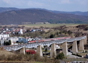 754.085 led R1504 across the big viaduct west of Hanusovce nad Toplou on 3 April 2011. This is the only train that crosses the viaduct at the right time for the light but it only runs on Sundays.