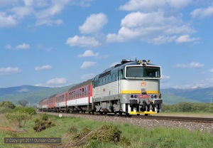 754.072 rolled south from Roznava with R934, the afternoon Kozice - Zvolen fast train, on 6 May 2011.