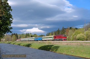754.054 was a regular on R810 and R811 during both of my 2011 trips. The red beast was photographed approaching Brezno under threatening skies with R810 on 7 May 2011.