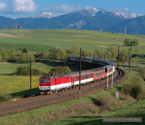 R612 was one of several Kosice - Bratislava trains I saw that were booked for class 350s, none of which produced. 362.007 was in charge when the train was photographed west of Liptovska Vlachy on 8 May 2011.