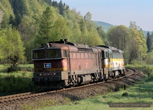 Still hanging on long after most of their classmates bit the dust, unrebuilt class 753s 753.187 and 753.301 rolled north near Oldrichov v Hajich on 29 April 2011.