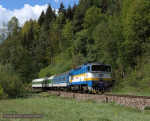 754.020, another ex-Plzen machine, passed a fine stand of trees near Nove Losiny as it led R901 northwards on the morning of 16 May 2011.