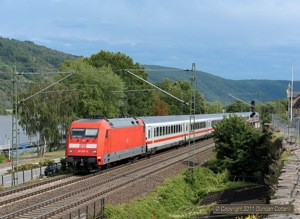 A train I've often photographed before at the start of its long journey northwards, IC2012, the 09:45 from Oberstdorf to Hannover Hbf, passed Oberwesel behind 101.074 on the afternoon of 9 July 2011.