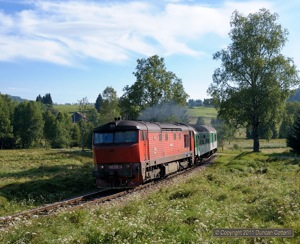 Unique orange liveried 749.252 was a regular performer on the Ceske Budejovice - Nove Udoli services during my August 2011 visit. The loco was photographed climbing away from Stozec on the last leg of its journey to Nove Udoli with Os8105/8104 on 11 August 2011. 