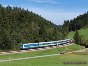 223.069, working eastbound ALX84147, passed a double header, travelling at a sedate pace in the opposite direction, at Weissenbachmühle, north of Oberstaufen, on 11 September 2011.