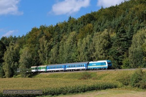 223.062 rolled downhill past Obermainshof, on the descent from Neunkirchen to Sulzbach-Rosenberg, with ALX353, the 14:05 from Nürnberg Hbf to Praha hl.n., which the 223 would work as far as Plzen hl.n.