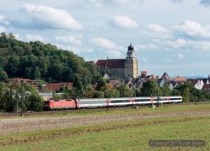 A shot of the Stiftkirche at Herrenberg on the afternoon of 17 September 2011. 120.132 went north with IC186, the 13:10 from Zürich to Stuttgart.