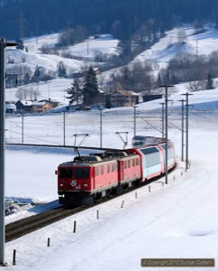Ge4/4is 610 and 603 worked the Glacier Express from Chur to Disentis and back on 4 March 2012. The pair were photographed near Ilanz on the westbound train.