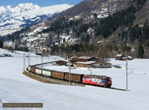 Ge4/4iiis do regularly work freights but generally not in daylight. Getting 646 on the morning Ilanz goods on 7 March 2012 was a rare treat, particularly as it had just been cleaned after a stint on the Vereina Tunnel car shuttles.