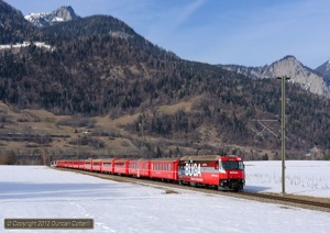 RE1149 was booked for 649, one of the grottier Ge4/4iiis, on 7 March 2012 but turned up behind a sparkling 646. The train, all 14 coaches of it, was photographed approaching Bonaduz.