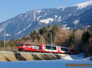 646 had a habit of turning up at the right place at the right time during my visit. It's seen here climbing from Reichenau-Tamins to Bonaduz with RE1153 on 9 March 2012. This train conveys Glacier Express coaches from Chur to St.Moritz.