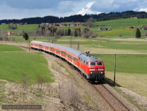 Freshly painted 218.469 led RB57346 south from Weizern-Hopferau on the last leg of its journey from Augsburg to Füssen on 19 April.