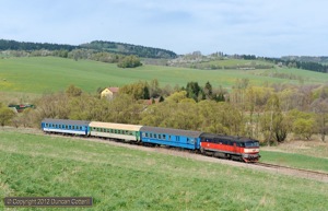 Praha's 749.121 made a surprise appearance in the Sumava on 29 April. The visitor was photographed near Horice na Sumave, returning to Ceske Budejovice with Os8111/0.