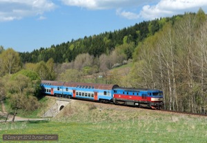 Ceske Budejovice's smartest engine, 749.051, was turned out for a trip to Nove Udoli and back on 1 May. It's seen here approaching Horice na Sumave on the way back with Os8119/8.