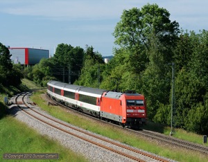 Class 101s work around 60% of IC services between Stuttgart and Singen. 101.055 accelerated away from Rottweil with IC281, the 15:56 from Stuttgart to Zürich, on Saturday 2 June 2012.