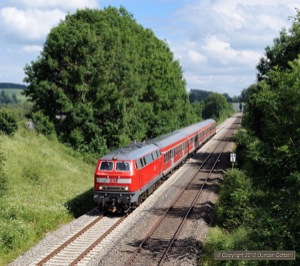 The return of regular 218 hauled DB Regio services to the line west of Biessenhofen is one of the most welcome developments of recent years. 218.469 had just left Günzach with RE57590, the 14:51 from München to Kempten, on 22 June.