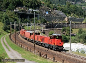 Diesels on the Gotthard! Class 840s 18442 and 18437 worked a tunnel fire-fighting train up the Gotthard North-Ramp below Wassen on 29 August 2012.