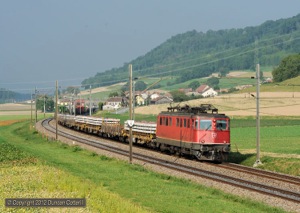 My first sunny shot of an Ae6/6. 11464 trundled south from Essert-Pittet towards Chavornay with train 61590, the 15:57 Müntscheimer - Lausanne Triage freight, on 4 September 2012.